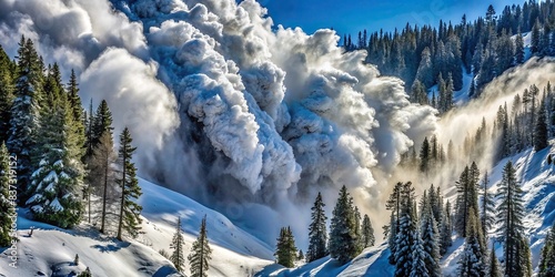Cinematic of a powerful snow avalanche cascading down a mountain slope, demolishing trees in its path