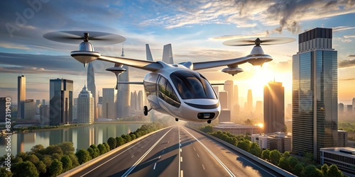 Futuristic animation of electric vertical takeoff and landing aircraft (eVTOL) for future urban mobility