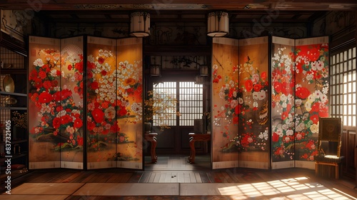 Japanese style room with sliding doors and flower paintings
