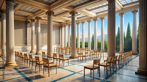 A serene ancient Greek philosophy school with empty chairs and marble columns