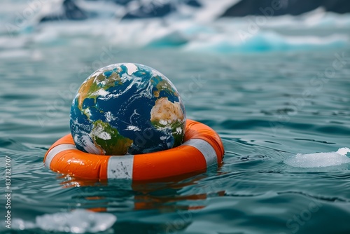 Planet earth in water wearing lifebuoy