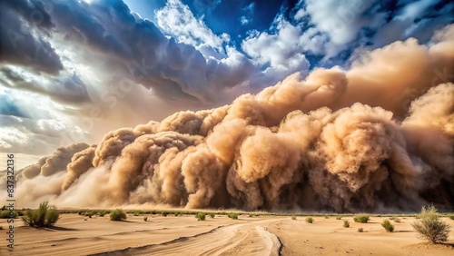 Sandstorm dust clouds hanging over a barren desert landscape
