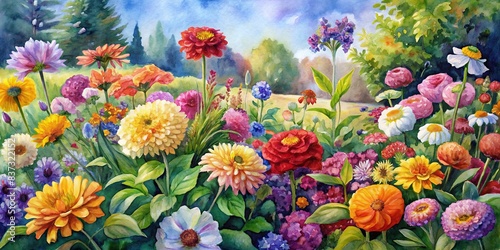 Watercolor painting of colorful flowers in a garden with a background for decorating