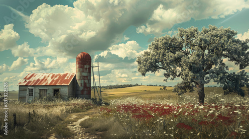 AI Generated. AI Generative. Photo realistic illustration of wild countryside landscape texas in america. Farmer adventure wild lifestyle vibe. Graphic Art