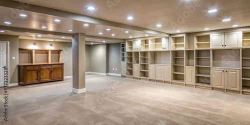 Empty basement with built-in storage cabinets , basement, storage, cabinets, organization, minimalist, interior design, clean, empty, home improvement, renovation, room, space, shelves, white