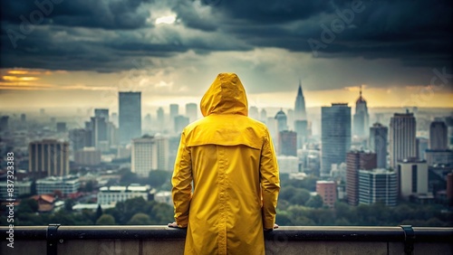 Lonely man in yellow raincoat looking at cityscape