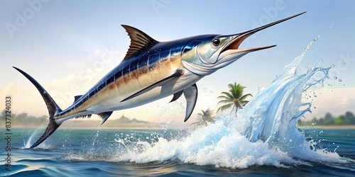 A swordfish gracefully leaping out of the water in a tropical setting, isolated on a white background