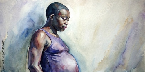 Close-up watercolor of a pregnant, black, transgender man holding his belly against a white background
