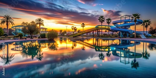 Deserted waterpark at dawn, still and peaceful atmosphere