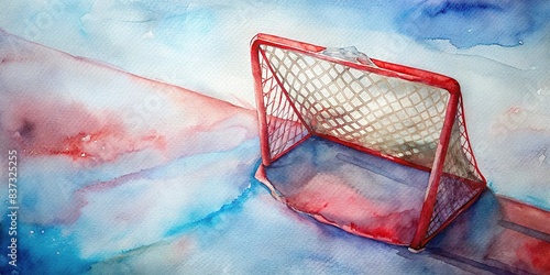 Isolated red ice hockey goal with net in diagonal view on white background, watercolor painting