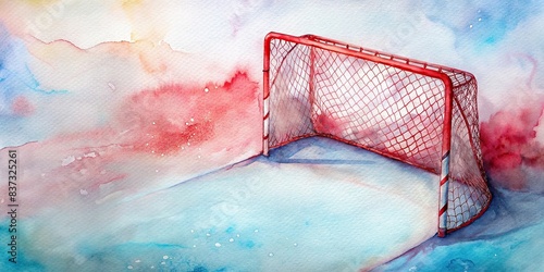 Isolated red ice hockey goal with net in diagonal view on white background, watercolor painting
