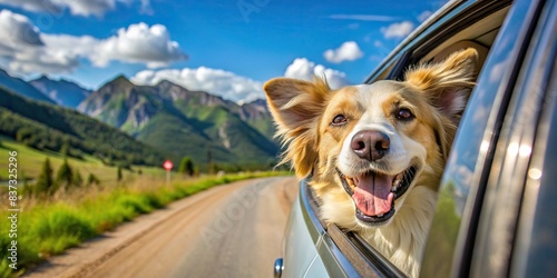 Happy dog sticking its head out of a car window on a summer vacation road trip , canine, pet, travel, vacation, road trip, car, window, happy, joy, excitement, adventure, journey