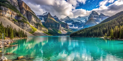 Scenic view of Lake Louise in Banff National Park, Canada with turquoise waters surrounded by snowy mountains , Banff, National Park, Lake Louise, Canada, Turquoise waters