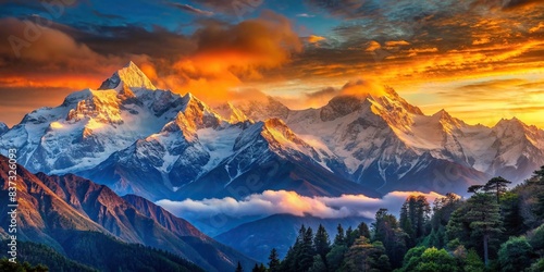 Majestic Himalayan sunrise over snow-capped peaks , mountains, sunrays, serene, dawn, landscape, Himalayas, scenic, tranquil, beauty, majestic, nature, sky, clouds, snow, morning, adventure