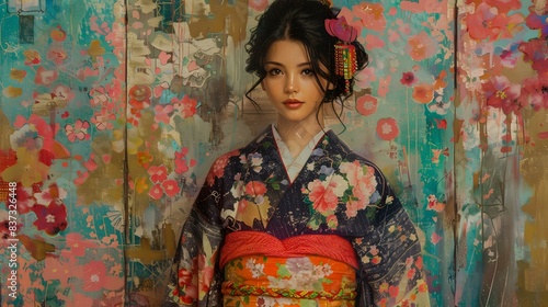 An Asian woman wearing a kimono stands in front of a floral background.