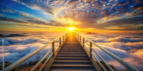 A breathtaking image of a stairway ascending to the sky at sunrise, heaven, entrance, stairway, sky, sunrise, spirituality, religious, faith, symbol, destination, ethereal, ascension