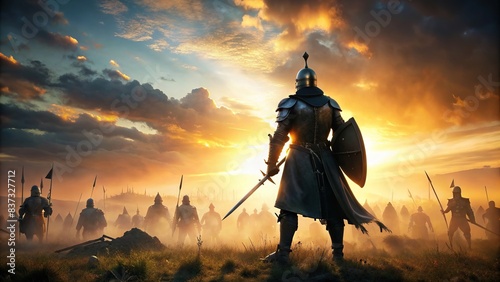 Silhouette of a knight in armor on a battlefield , medieval, warrior, armor, battle, sword, shield, historical, conflict, war, combat, conquer, victory, hero, bravery, medieval times, ancient
