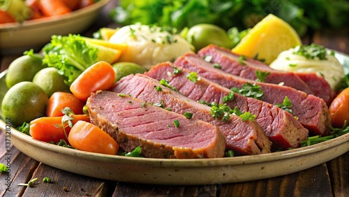 Close-up of traditional Irish corned beef and cabbage, perfect for St. Patrick's Day celebration