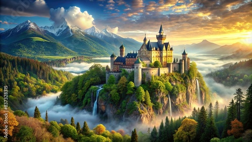Scenic view of a grand castle in a mystical fantasy land with beautiful natural surroundings