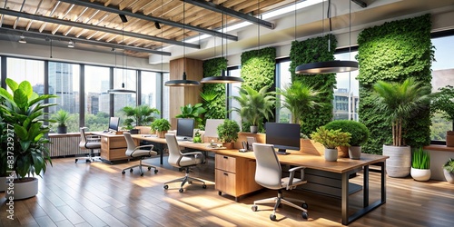 Modern office space filled with greenery, natural light, and sleek furniture
