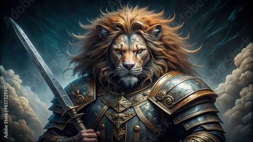 Portrait of a fierce lion warrior monk in armor holding a sword
