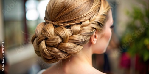 Picture of a neatly braided hairstyle in an elegant chignon style, captured from a behind-the-scenes hairstylist perspective
