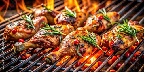 Grilled chicken barbecue on outdoor grill with herbs and spices