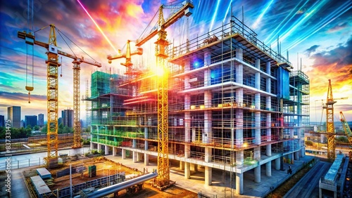 Colorful digital of building construction engineering with double exposure abstract design
