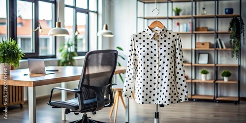 Indoor office setting with a polka dot blouse hanging on a chair, representing confusion and uncertainty