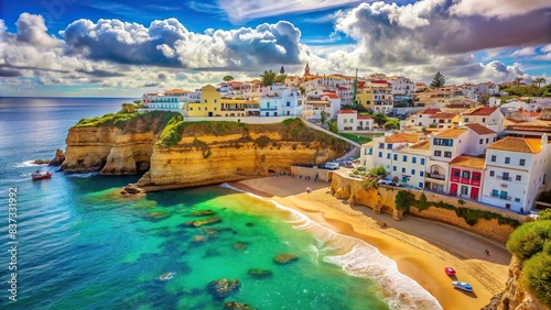 Scenic fishing village along the coast of Carvoeiro, Algarve, Portugal with colorful houses and a beautiful beach