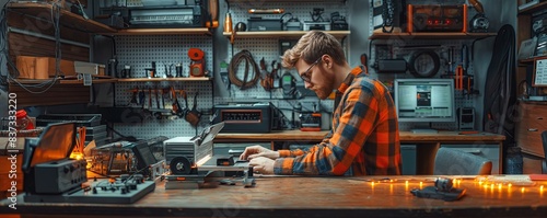 Individual working with electronics on desk