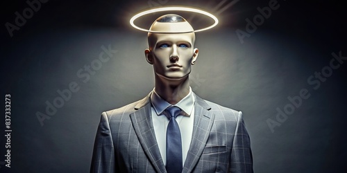 Arrogant young mannequin in a fashion suit with a halo above its head
