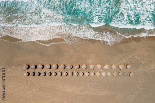 Aerial top view by drone of tropical Falasarna beach on Crete, Greece.