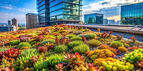 Close-up of vibrant plants on a green roof in urban setting