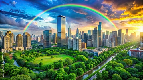 Vibrant green cityscape with a colorful arc in the sky
