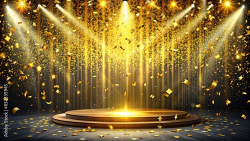 Celebratory stage with golden confetti shower for award ceremonies, product presentations, New Years parties