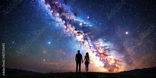Silhouette of couple staring at stars and milky way in night sky