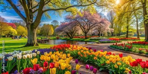 A serene park scene of colorful spring flowers in bloom