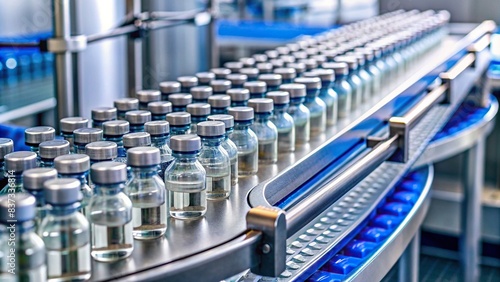 Medical vials on conveyer belt at pharmaceutical factory