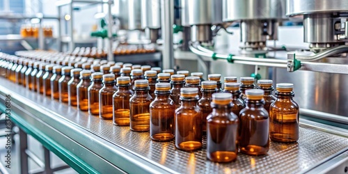 Medical vials being filled and labeled on the production line in a pharmaceutical factory
