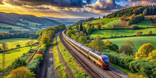 Train in motion passing through scenic countryside
