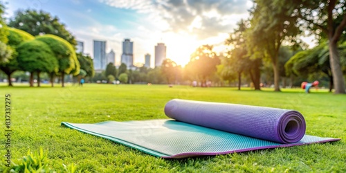 Yoga exercise mat on grass in a city park