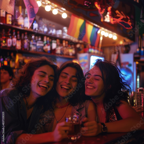 Grupo de lesbianas disfrutando de la noche en una discoteca o bar, luces neón y banderas LGTBIQ Plus.