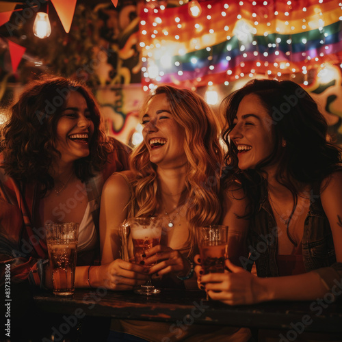 Grupo de lesbianas disfrutando de la noche en una discoteca o bar, luces neón y banderas LGTBIQ Plus.