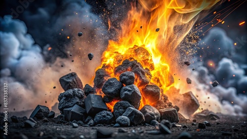 Black charcoal explosion in macro closeup of floating coals with dust cloud
