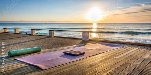 Peaceful yoga session by the seaside with empty mat and props