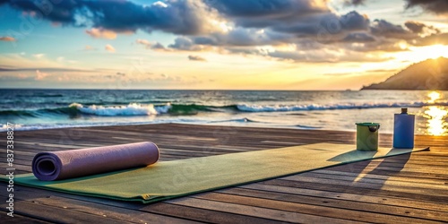 Peaceful yoga session by the seaside with empty mat and props