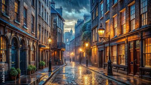 Ancient city street at night in the rain, showcasing a 19th-century London cityscape