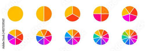 Pie chart infographic set. Circle diagram collection with sections or parts. Segmented circle icons for infographic, data analysis, web design, ui or presentation. Vector illustration.