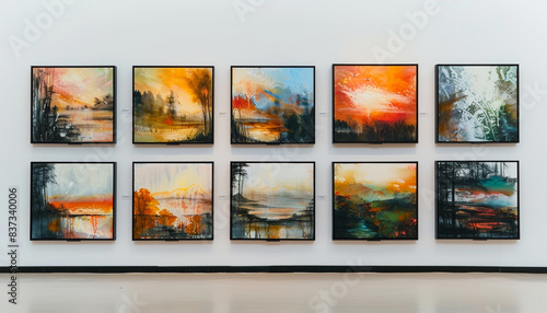 In an art museum gallery, a white wall displays a series of paintings, each depicting an abstract interpretation of different natural landscapes during golden hour, framed in black.